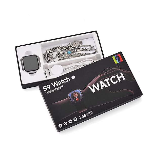S9 Smart Multi-functional Silver Smart Watch With White Silicone Strap And Robot Pendant Necklace (36 Inches) In Silvertone