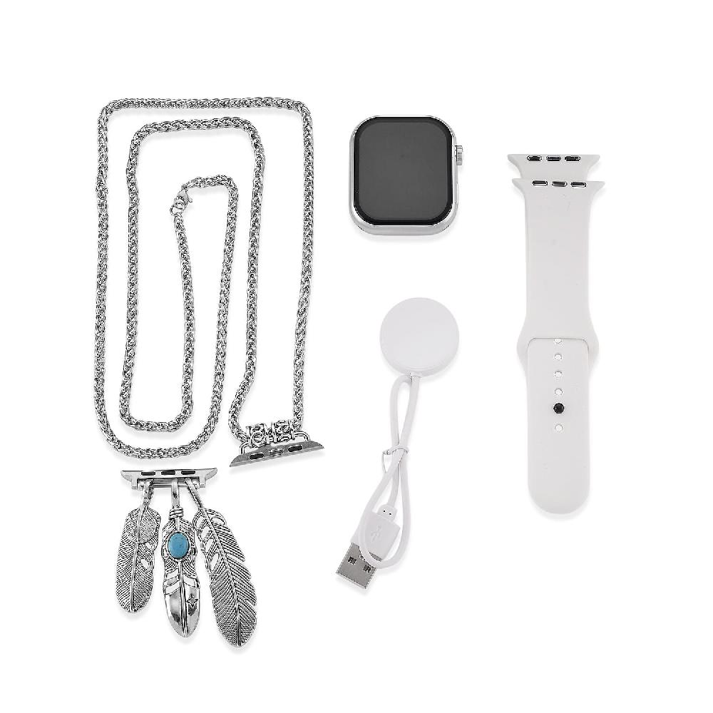 S9 Smart Multi-functional Silver Smart Watch with White Silicone Strap and Robot Pendant Necklace (36 Inches) in Silvertone