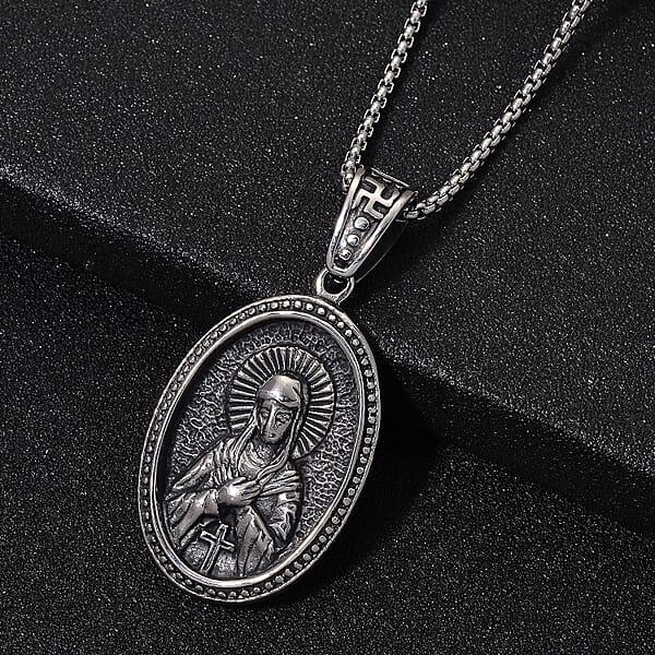 Sacred Figure Engraved Oval Pendant Necklace (23.5 Inches) In Stainless Steel