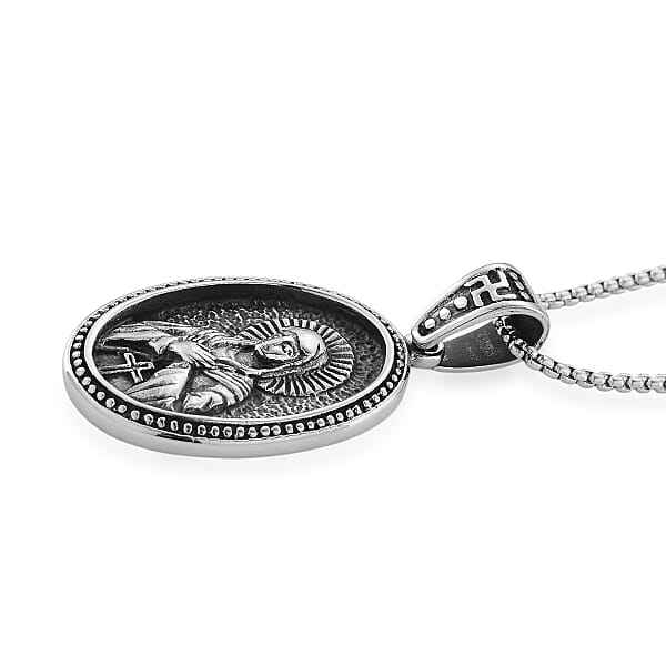 Sacred Figure Engraved Oval Pendant Necklace (23.5 Inches) In Stainless Steel