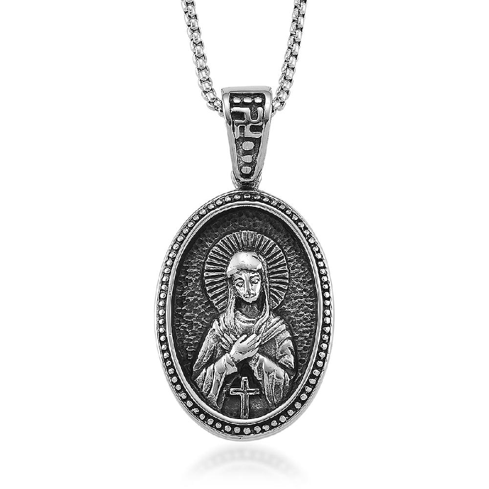 Sacred Figure Engraved Oval Pendant Necklace (23.5 Inches) in Stainless Steel