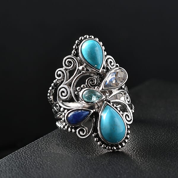 Sajen Silver Arizona Turquoise Multi Gemstone Ring In Rhodium Over Sterling Silver 3.30 Ctw