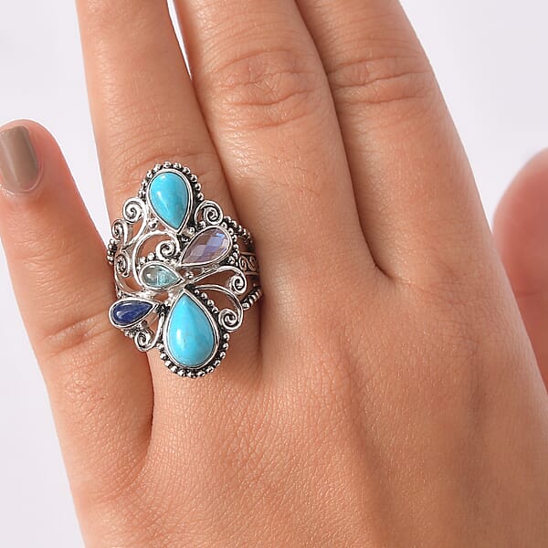 Sajen Silver Arizona Turquoise Multi Gemstone Ring In Rhodium Over Sterling Silver 3.30 Ctw