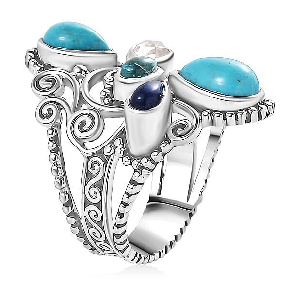 Sajen Silver Arizona Turquoise Multi Gemstone Ring In Rhodium Over Sterling Silver 3.30 Ctw