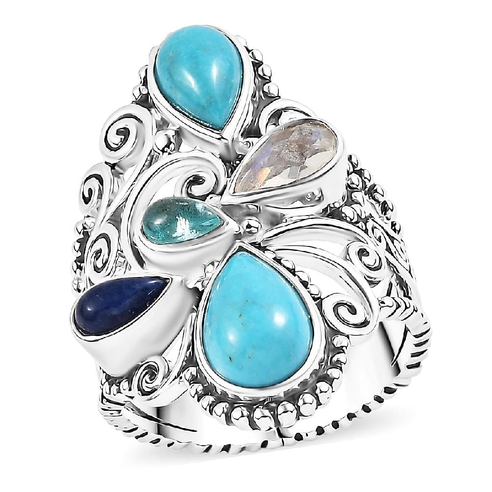 Sajen Silver Arizona Turquoise Multi Gemstone Ring in Rhodium Over Sterling Silver 3.30 ctw