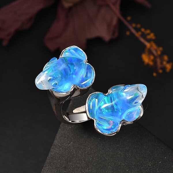 Sajen Silver Blue Opal Doublet Quartz Carved Frog 12.15 Ctw Ring In Rhodium Over Sterling Silver