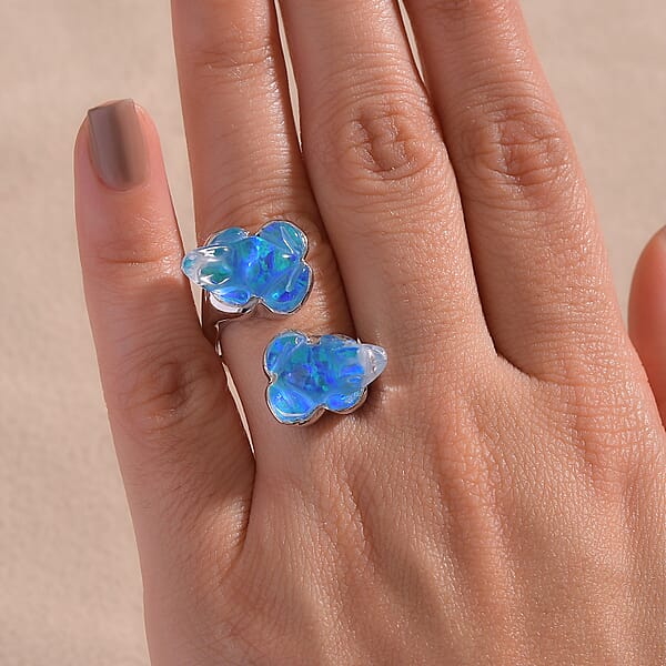 Sajen Silver Blue Opal Doublet Quartz Carved Frog 12.15 Ctw Ring In Rhodium Over Sterling Silver