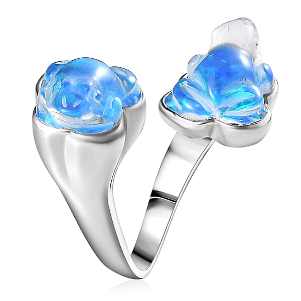 Sajen Silver Blue Opal Doublet Quartz Carved Frog 12.15 Ctw Ring In Rhodium Over Sterling Silver