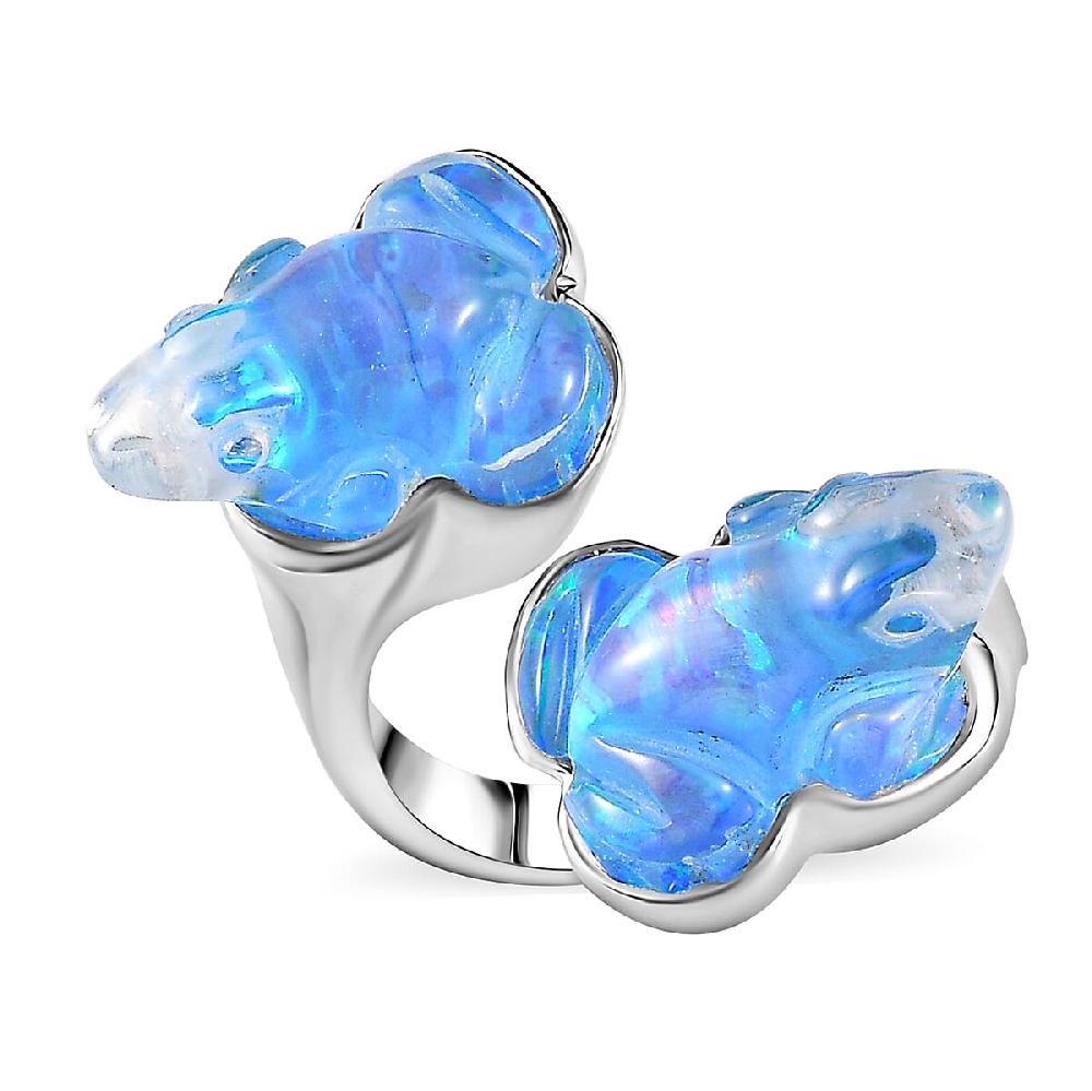 Sajen Silver Blue Opal Doublet Quartz Carved Frog 12.15 ctw Ring in Rhodium Over Sterling Silver
