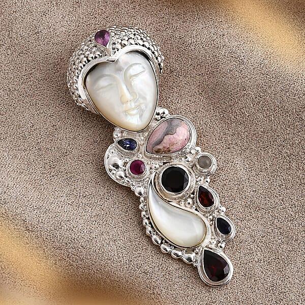 Sajen Silver Carved Bone And Multi Gemstone 10.25 Ctw Pendant Without Chain In Sterling Silver