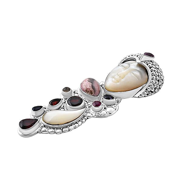 Sajen Silver Carved Bone And Multi Gemstone 10.25 Ctw Pendant Without Chain In Sterling Silver