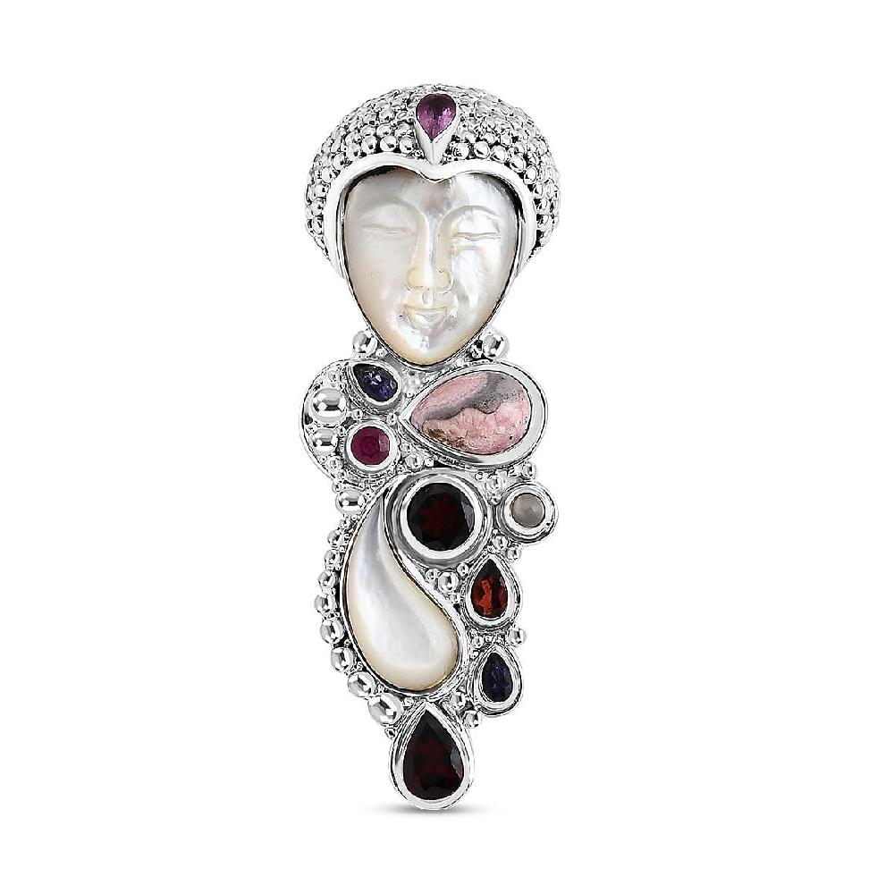 Sajen Silver Carved Bone and Multi Gemstone 10.25 ctw Pendant without Chain in Sterling Silver