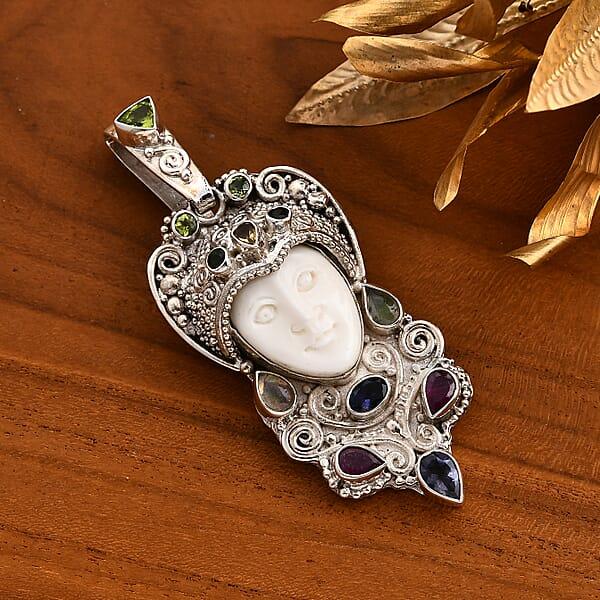 Sajen Silver Carved Bone And Multi Gemstone 3.85 Ctw Pendant Without Chain In Sterling Silver