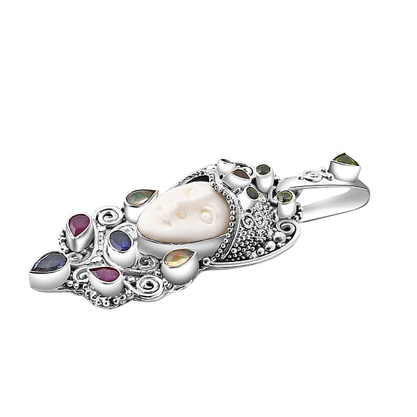 Sajen Silver Carved Bone And Multi Gemstone 3.85 Ctw Pendant Without Chain In Sterling Silver