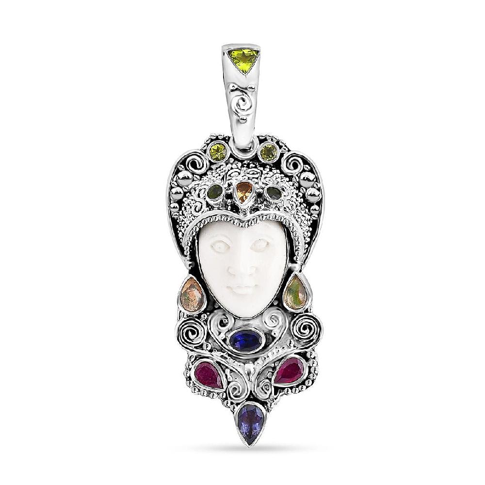 Sajen Silver Carved Bone and Multi Gemstone 3.85 ctw Pendant without Chain in Sterling Silver