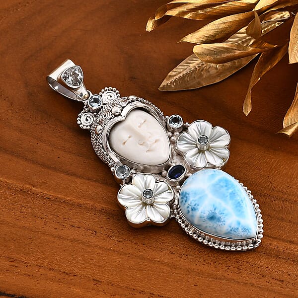 Sajen Silver Carved Bone And Multi Gemstone 30.40 Ctw Pendant Without Chain In Sterling Silver