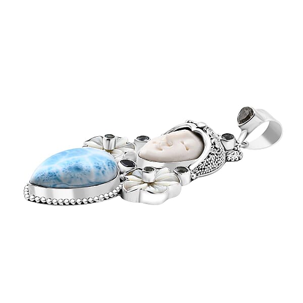Sajen Silver Carved Bone And Multi Gemstone 30.40 Ctw Pendant Without Chain In Sterling Silver