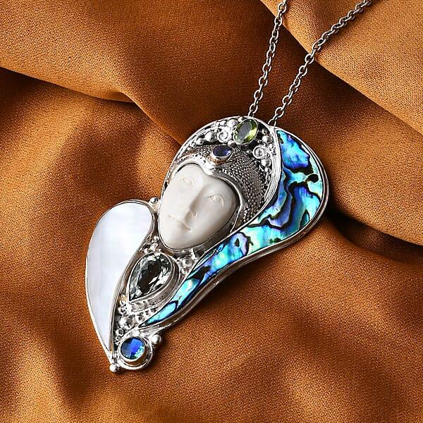 Sajen Silver Carved Bone And Multi Gemstone 5.35 Ctw Pendant Without Chain In Sterling Silver
