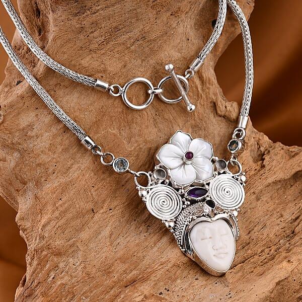 Sajen Silver Carved Bone And Multi Gemstone Necklace 20 Inches In Sterling Silver 2.85 Ctw