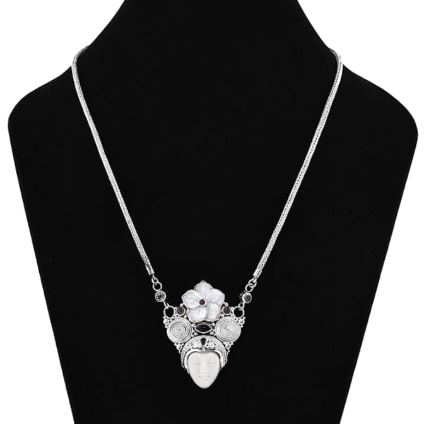 Sajen Silver Carved Bone And Multi Gemstone Necklace 20 Inches In Sterling Silver 2.85 Ctw