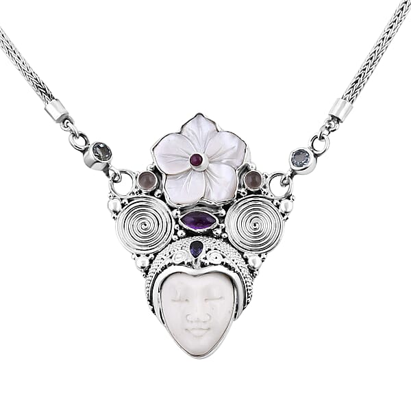 Sajen Silver Carved Bone And Multi Gemstone Necklace 20 Inches In Sterling Silver 2.85 Ctw