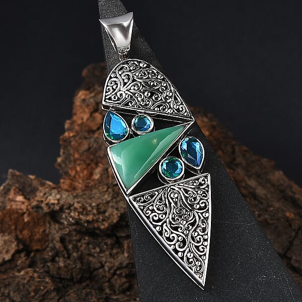 Sajen Silver Chrysoprase And Rainbow Paraiba Doublet Quartz 3.00 Ctw Pendant Without Chain In Rhodium Over Sterling Silver