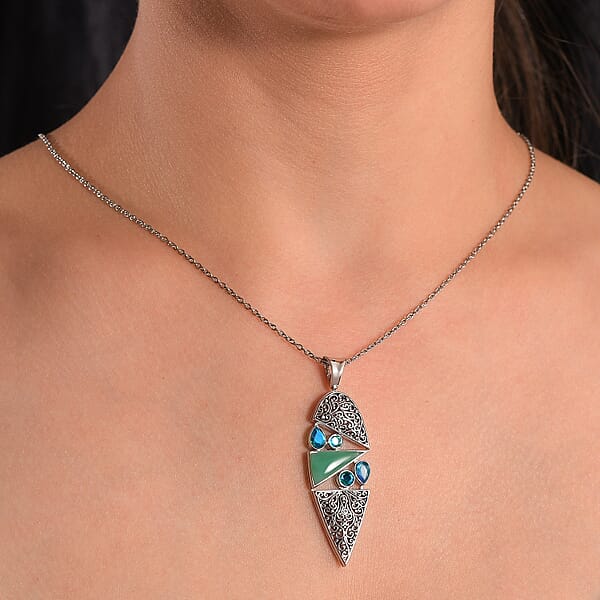 Sajen Silver Chrysoprase And Rainbow Paraiba Doublet Quartz 3.00 Ctw Pendant Without Chain In Rhodium Over Sterling Silver