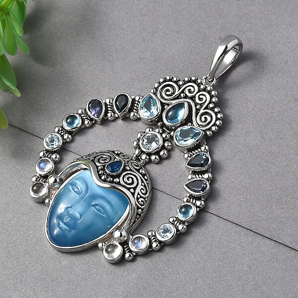 Sajen Silver Constituted Amethyst Carved And Multi Gemstone 28.70 Ctw Pendant Without Chain In Rhodium Over Sterling Silver