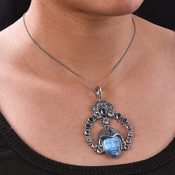 Sajen Silver Constituted Amethyst Carved And Multi Gemstone 28.70 Ctw Pendant Without Chain In Rhodium Over Sterling Silver