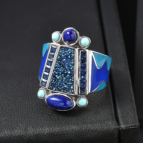 Sajen Silver Flat Blue Sapphire Drusy Quartz Multi Gemstone Ring In Rhodium Over Sterling Silver 5.00 Ctw