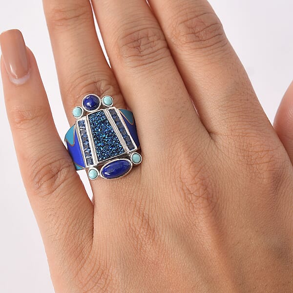 Sajen Silver Flat Blue Sapphire Drusy Quartz Multi Gemstone Ring In Rhodium Over Sterling Silver 5.00 Ctw