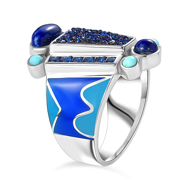 Sajen Silver Flat Blue Sapphire Drusy Quartz Multi Gemstone Ring In Rhodium Over Sterling Silver 5.00 Ctw