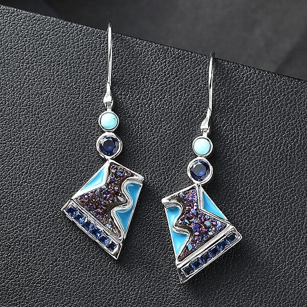 Sajen Silver Flat Blue Sapphire Drusy Quartz Multi Gemstone Earrings In Rhodium Over Sterling Silver 5.00 Ctw