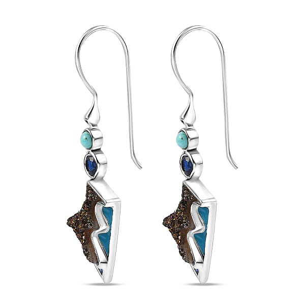 Sajen Silver Flat Blue Sapphire Drusy Quartz Multi Gemstone Earrings In Rhodium Over Sterling Silver 5.00 Ctw