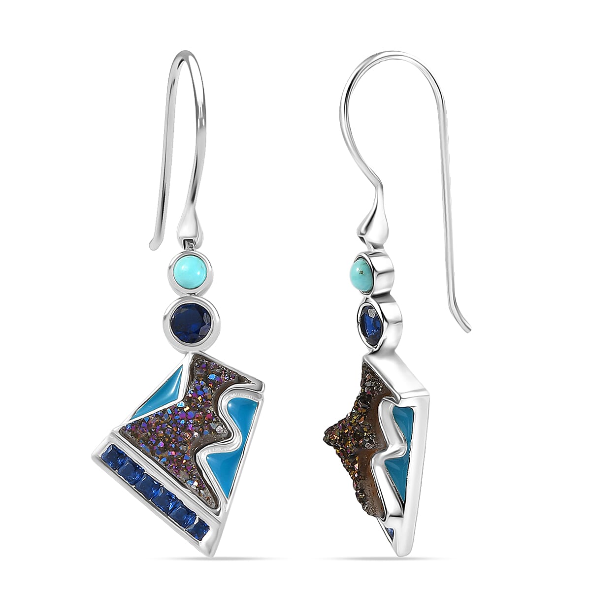 Sajen Silver Flat Blue Sapphire Drusy Quartz Multi Gemstone Earrings in Rhodium Over Sterling Silver 5.00 ctw