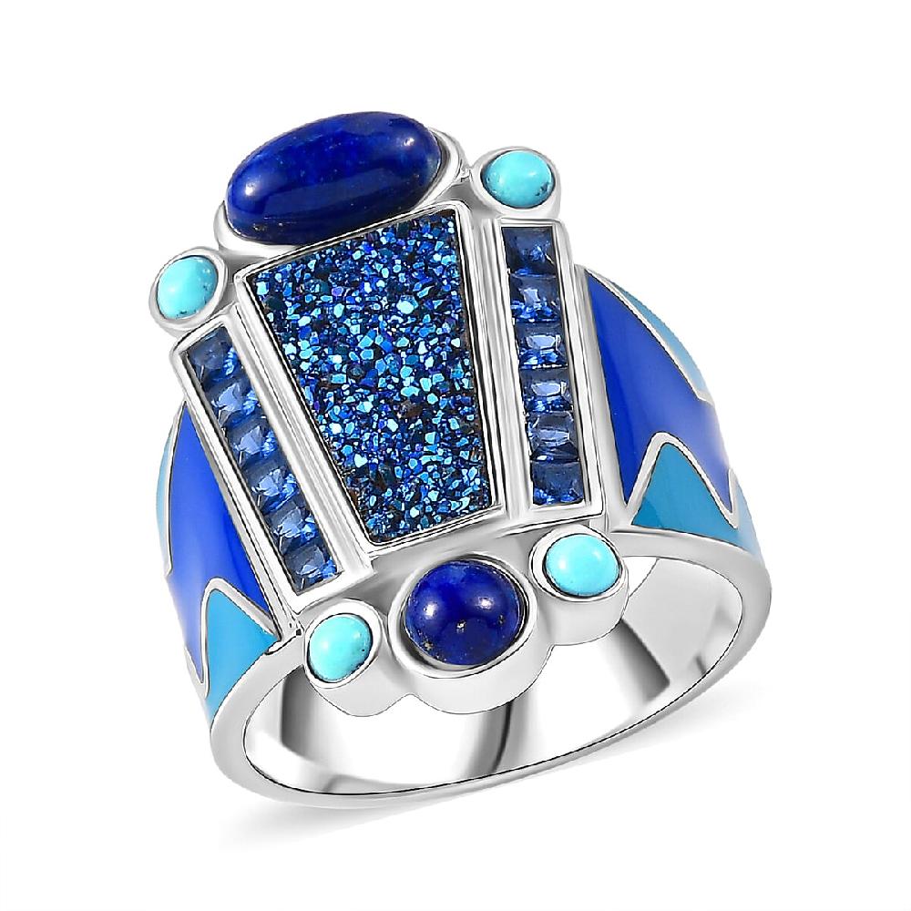 Sajen Silver Flat Blue Sapphire Drusy Quartz Multi Gemstone Ring in Rhodium Over Sterling Silver 5.00 ctw
