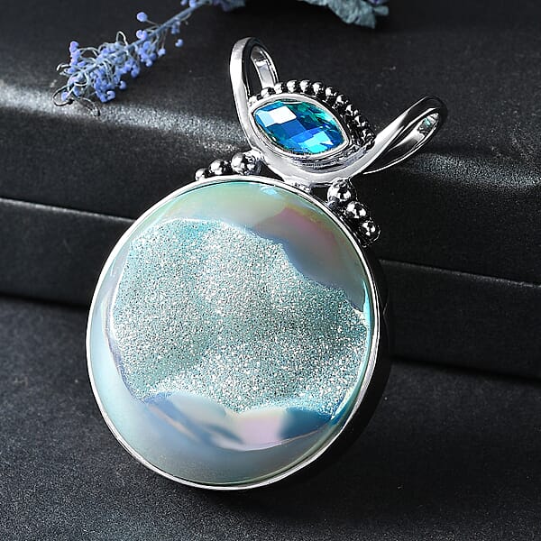 Sajen Silver Golden Dream Paraiba Window Drusy Quartz And Rainbow Paraiba Doublet Quartz 113.60 Ctw Pendant Without Chain In Rhodium Over Sterling Silver