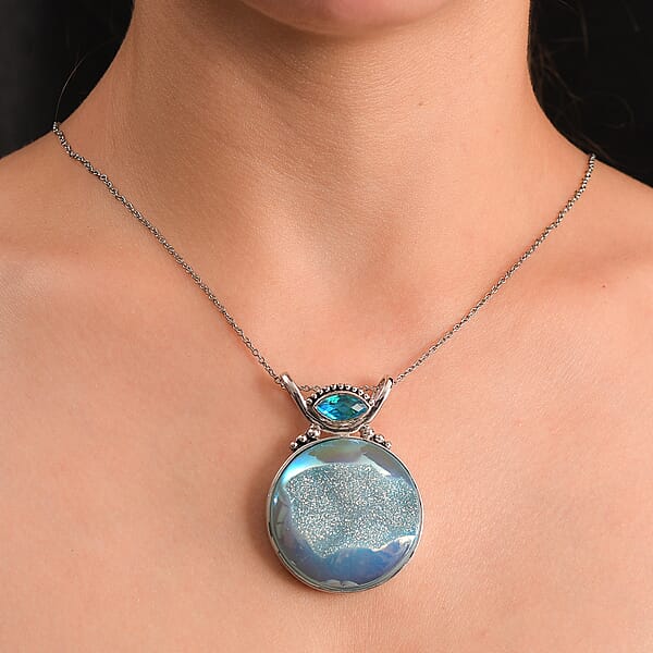 Sajen Silver Golden Dream Paraiba Window Drusy Quartz And Rainbow Paraiba Doublet Quartz 113.60 Ctw Pendant Without Chain In Rhodium Over Sterling Silver