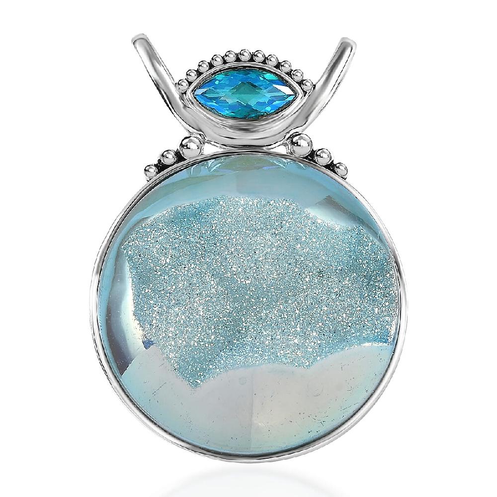 Sajen Silver Golden Dream Paraiba Window Drusy Quartz and Rainbow Paraiba Doublet Quartz 113.60 ctw Pendant without Chain in Rhodium Over Sterling Silver