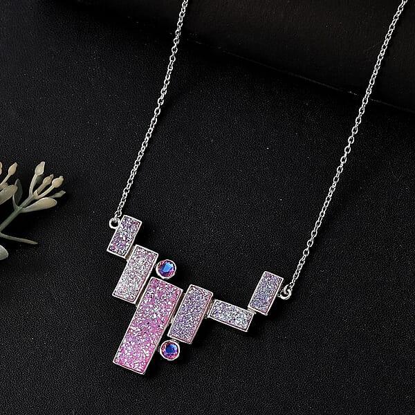 Sajen Silver Golden Dream Pink Flat Drusy Quartz And Pink Rainbow Doublet Quartz 13.50 Ctw Necklace In Rhodium Over Sterling Silver 18 Inches