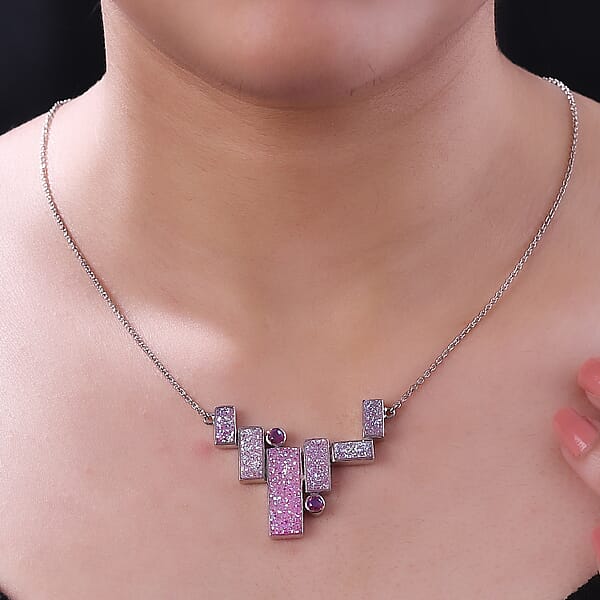 Sajen Silver Golden Dream Pink Flat Drusy Quartz And Pink Rainbow Doublet Quartz 13.50 Ctw Necklace In Rhodium Over Sterling Silver 18 Inches