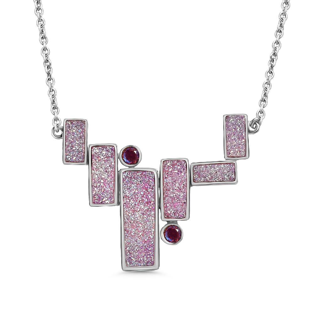 Sajen Silver Golden Dream Pink Flat Drusy Quartz and Pink Rainbow Doublet Quartz 13.50 ctw Necklace in Rhodium Over Sterling Silver 18 Inches