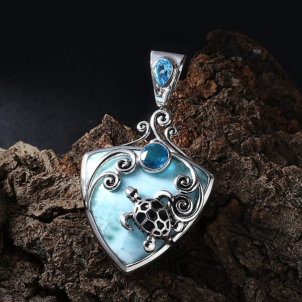 Sajen Silver Larimar And Celestial Blue Doublet Quartz 23.70 Ctw Turtle Pendant Without Chain In Rhodium Over Sterling Silver