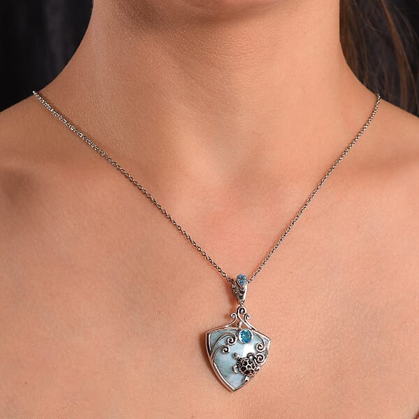 Sajen Silver Larimar And Celestial Blue Doublet Quartz 23.70 Ctw Turtle Pendant Without Chain In Rhodium Over Sterling Silver
