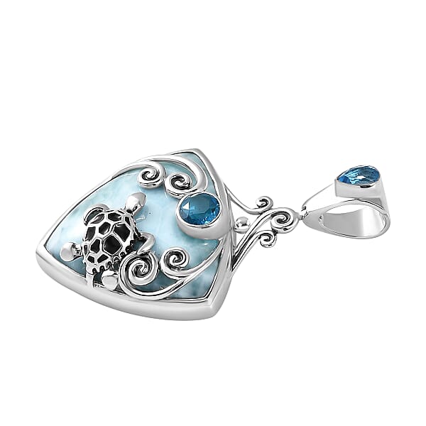 Sajen Silver Larimar And Celestial Blue Doublet Quartz 23.70 Ctw Turtle Pendant Without Chain In Rhodium Over Sterling Silver
