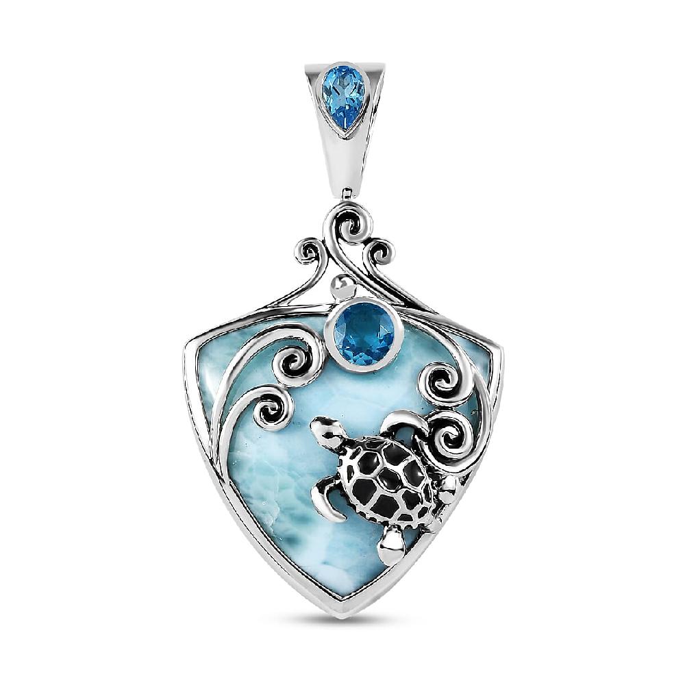 Sajen Silver Larimar and Celestial Blue Doublet Quartz 23.70 ctw Turtle Pendant without Chain in Rhodium Over Sterling Silver