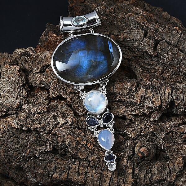 Sajen Silver Malagasy Labradorite And Multi Gemstone 42.50 Ctw Pendant Without Chain In Rhodium Over Sterling Silver