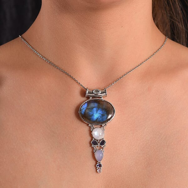 Sajen Silver Malagasy Labradorite And Multi Gemstone 42.50 Ctw Pendant Without Chain In Rhodium Over Sterling Silver