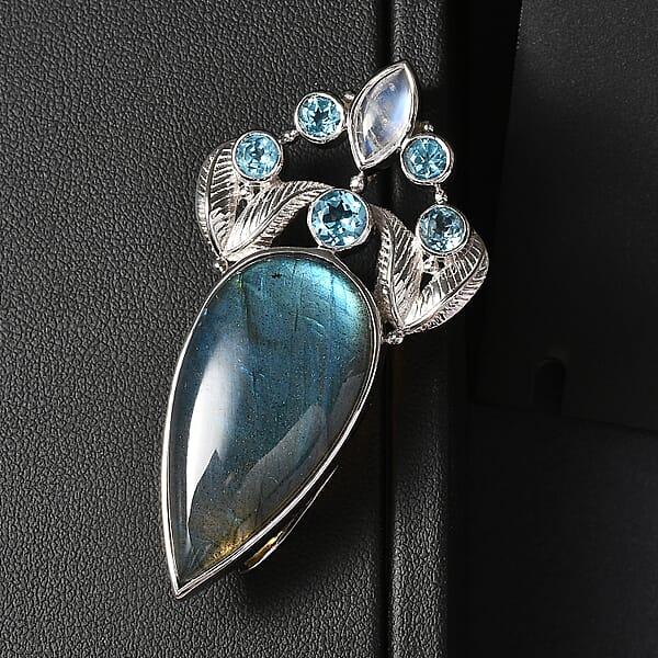Sajen Silver Malagasy Labradorite Multi Gemstone Pendant Without Chain In Rhodium Over Sterling Silver 28.10 Ctw
