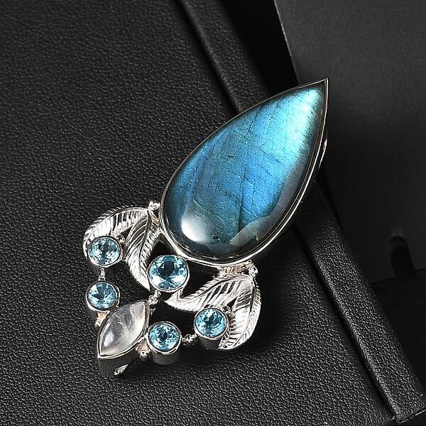 Sajen Silver Malagasy Labradorite Multi Gemstone Pendant Without Chain In Rhodium Over Sterling Silver 28.10 Ctw
